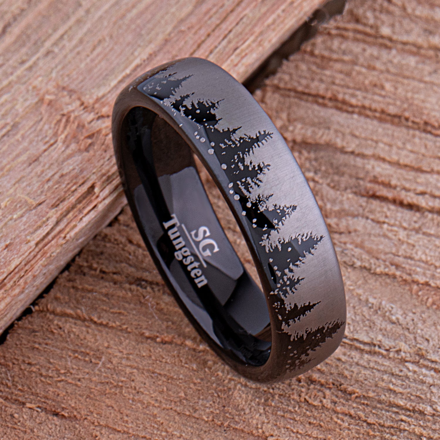 Tungsten Black Forest Style Men's Wedding Ring or Engagement Band 6mm Wide with Light Brushed Silver Exterior