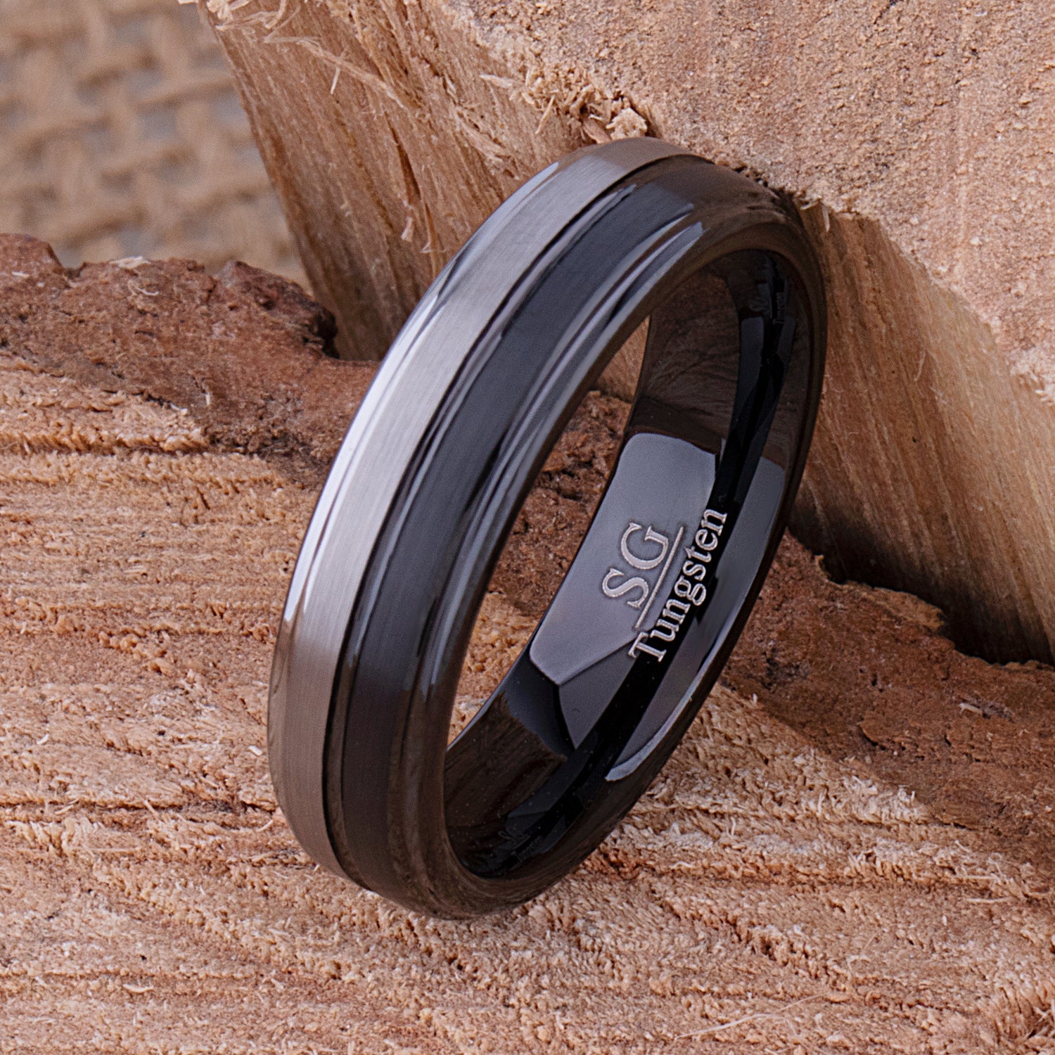 Two Tone Black and Silver Tungsten Wedding Band or Engagement Ring 6mm Wide