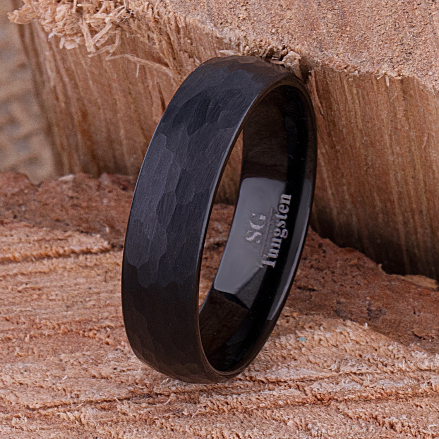 Black Tungsten Men's Wedding Band 6mm Wide with Light Hammer and Brushed Finish, Unique Wedding Ring or Anniversary Gift For Him