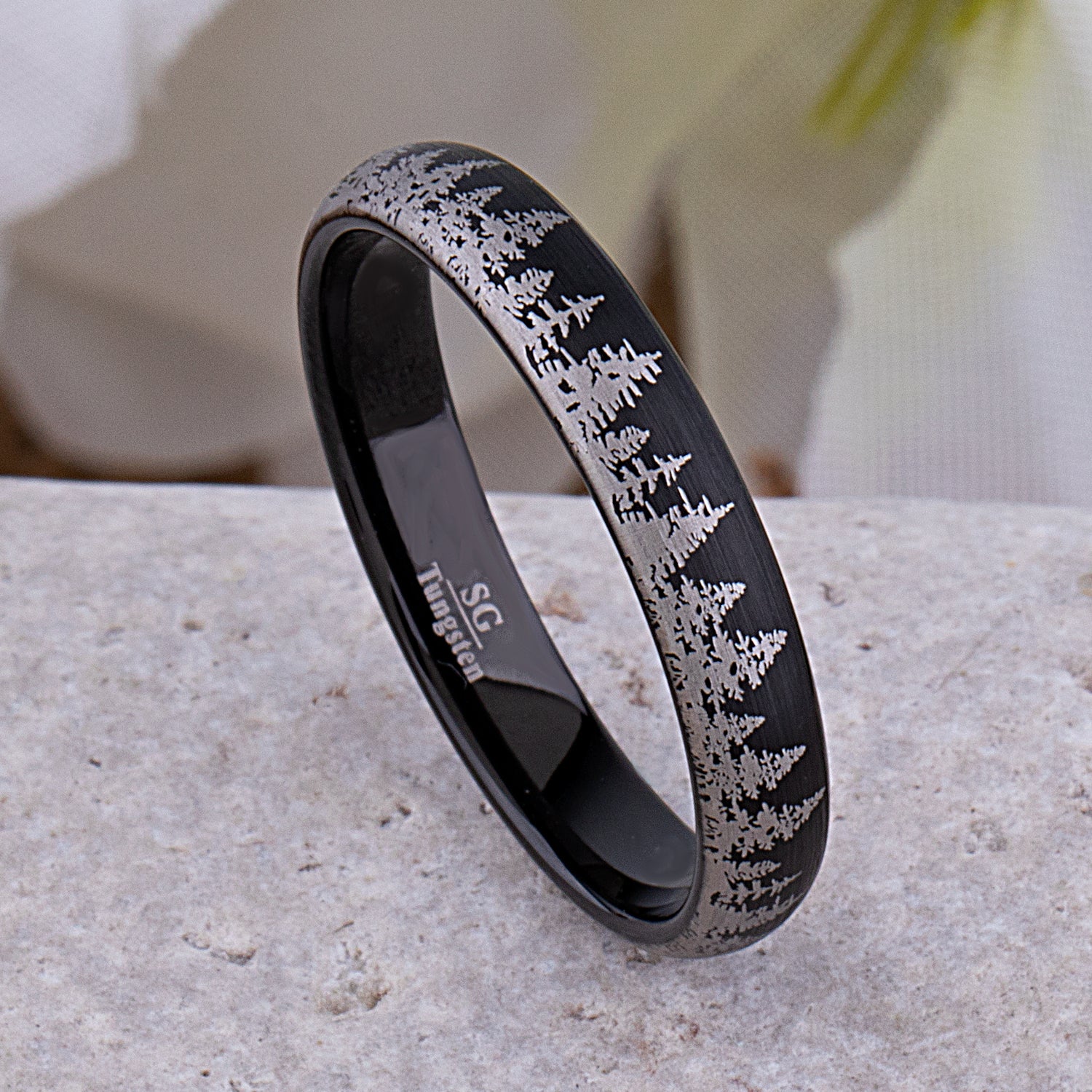 Tungsten Forest Style Men's Wedding Ring or Engagement Band 4mm Wide with Light Brushed Black Exterior