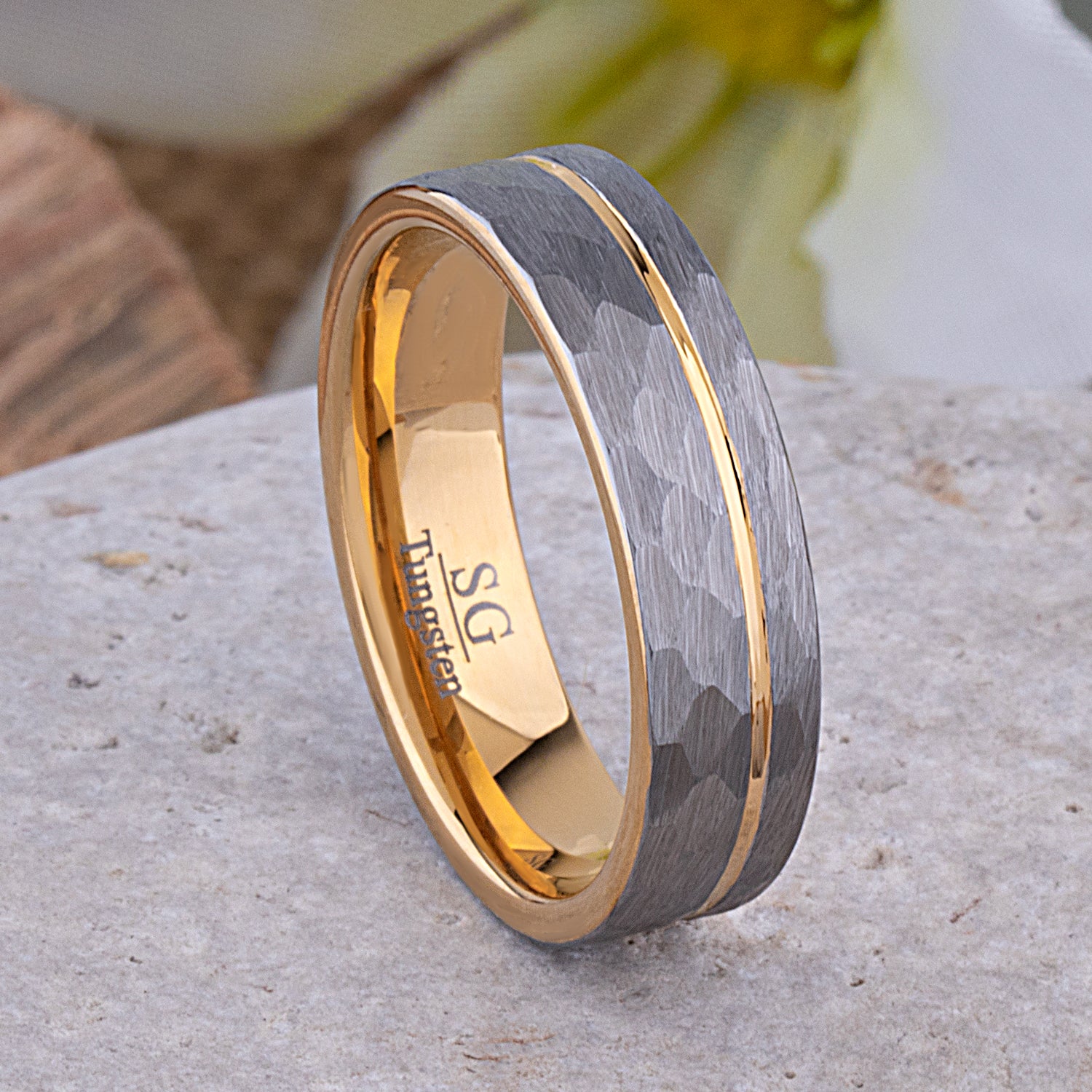 Unique Tungsten Wedding Band 6mm, Brushed Diamond Cut Surface, Yellow Gold Groove & Interior, Promise Ring for Him or Her