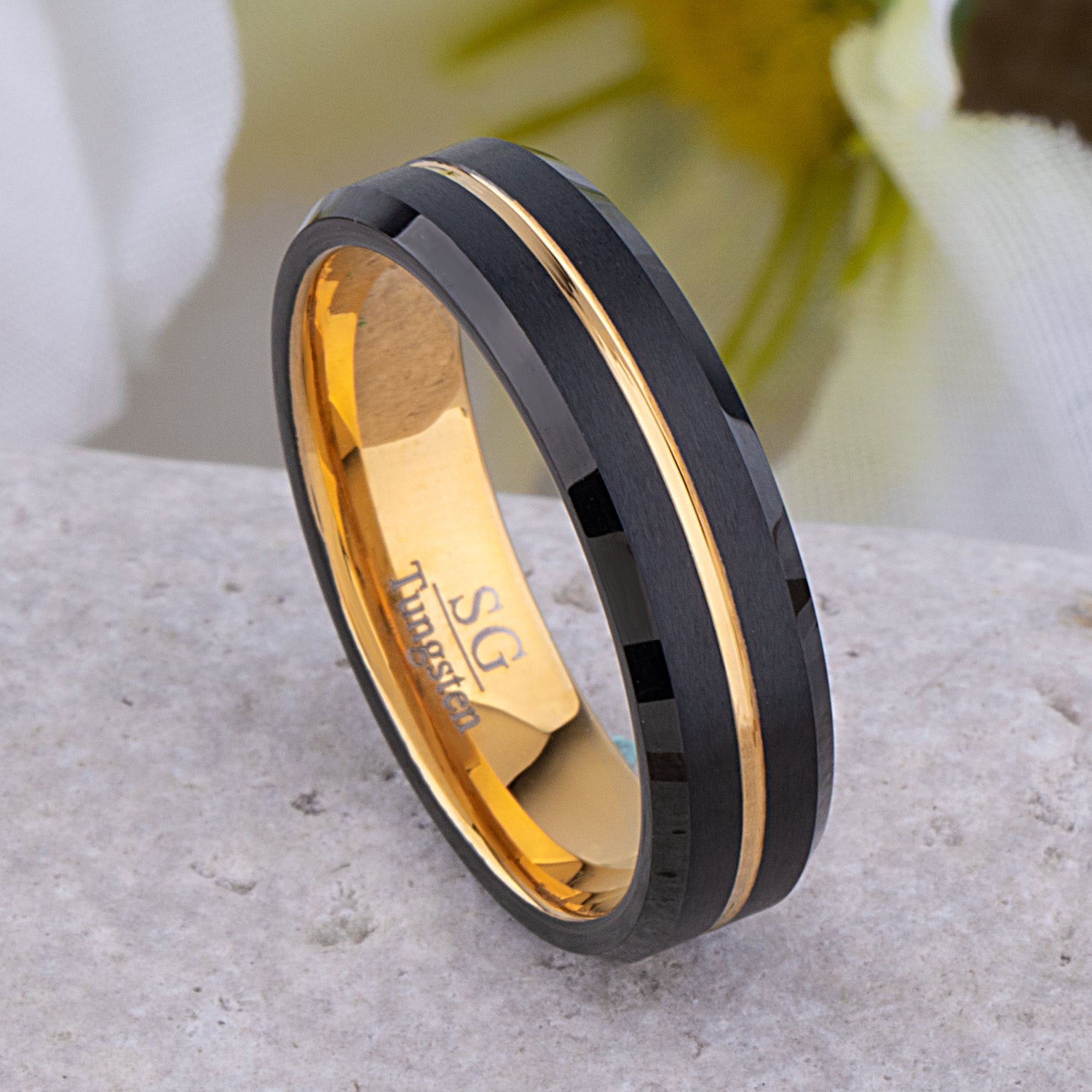 Tungsten Wedding Band or Engagement Ring 6mm Wide with Midnight Black and Yellow Gold IP Plating, Beveled Edges
