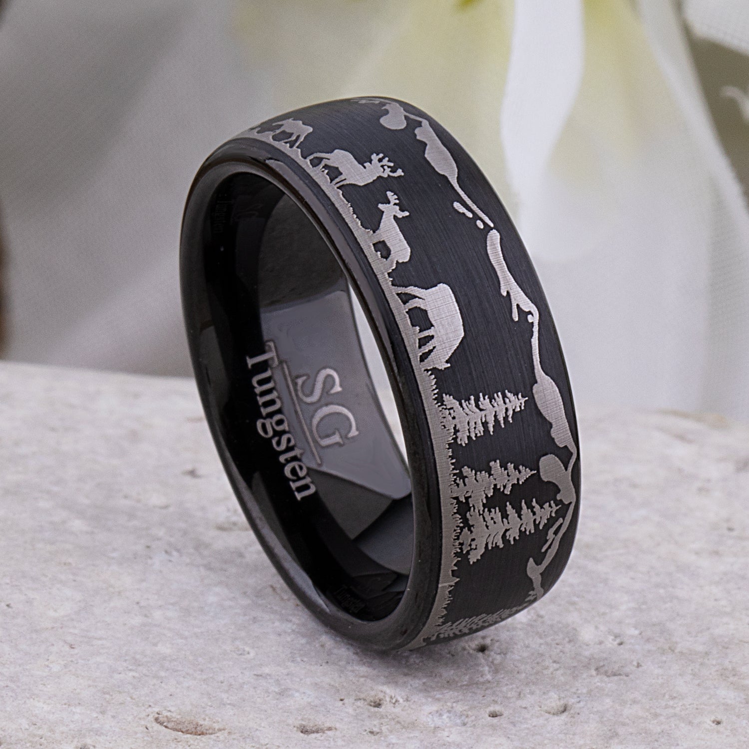 Tungsten Forest & Deer Outdoor Style Wedding Ring or Engagement Band 8mm Wide with Light Brushed Black Exterior