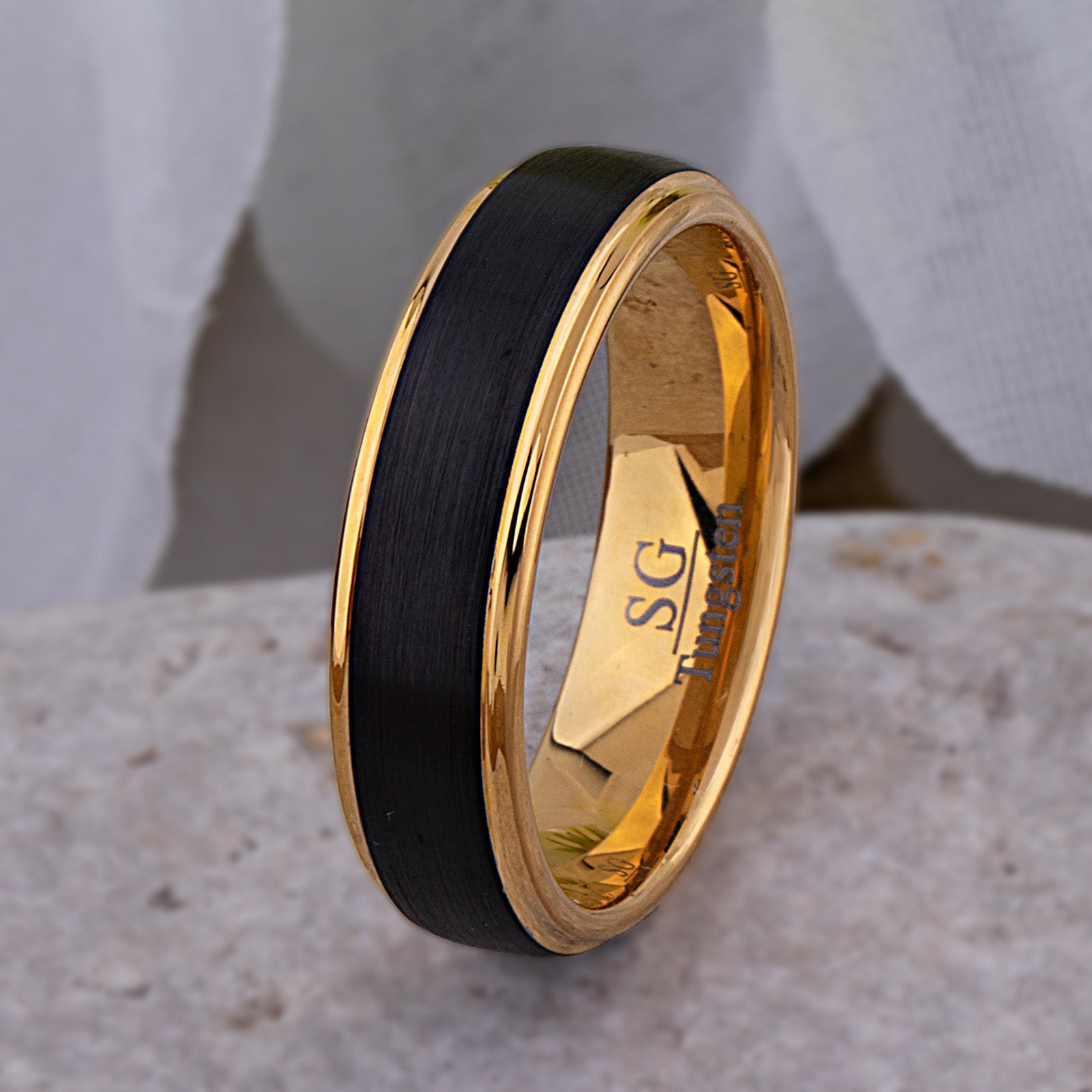 Tungsten Carbide Wedding Band or Man's Engagement Ring 6mm Wide Flat Satin Finish 2-Tone Black and Yellow Gold IP Plating