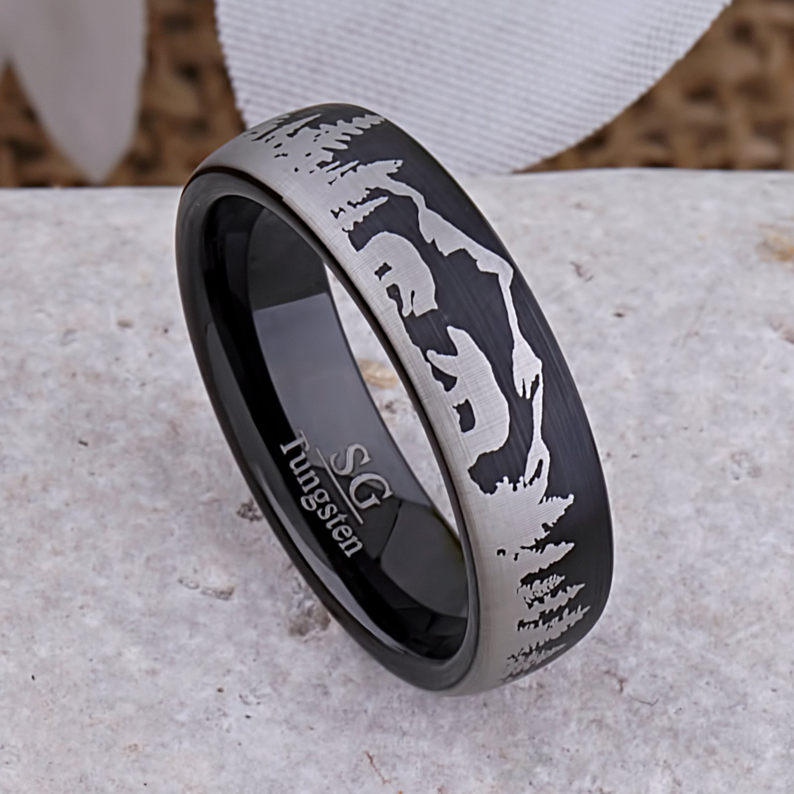 Mother Bear and Cub In Forest Tungsten Wedding Ring or Engagement Band 8mm Wide with Light Brushed Black Exterior