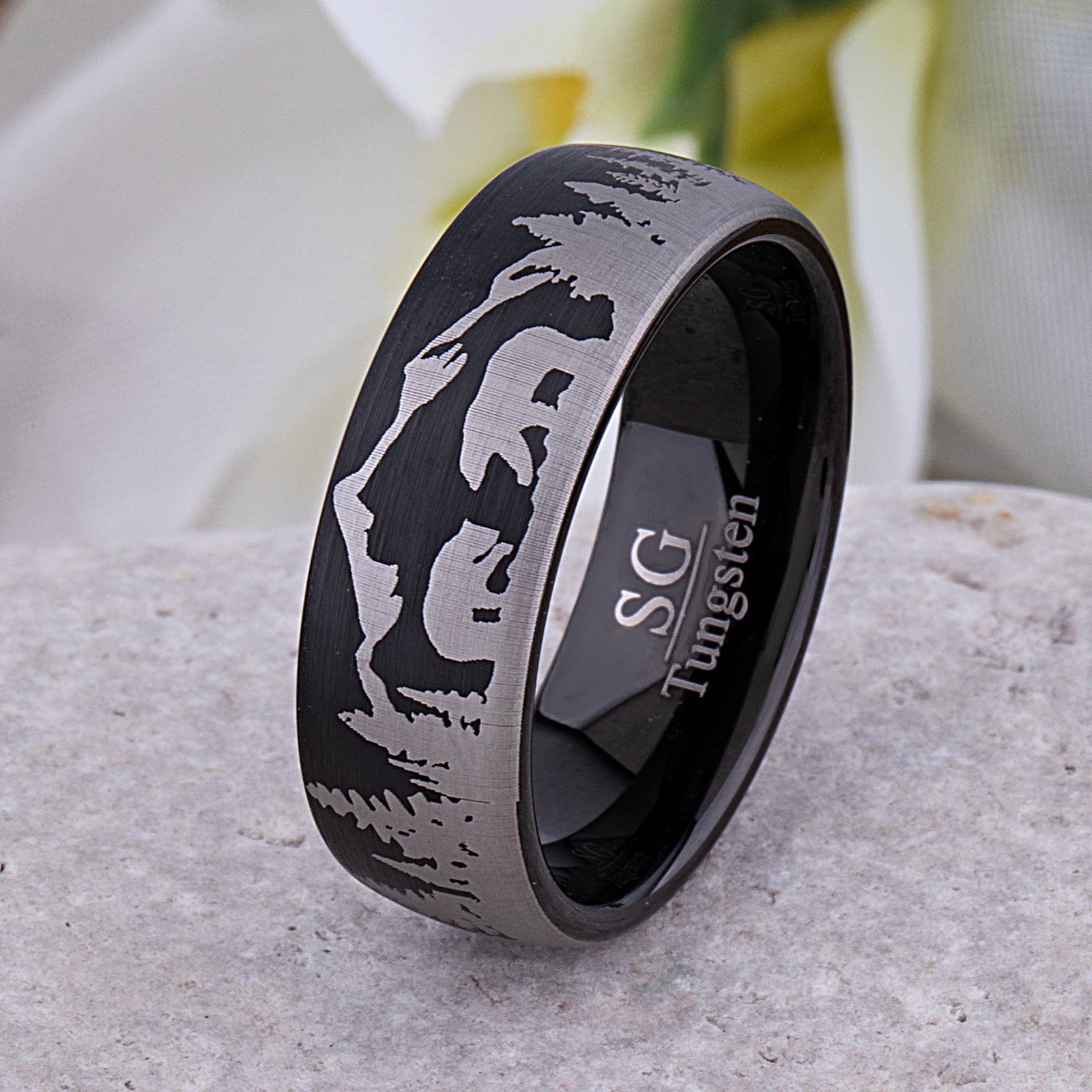 Mother Bear and Cub In Forest Tungsten Wedding Ring or Engagement Band 8mm Wide with Light Brushed Black Exterior