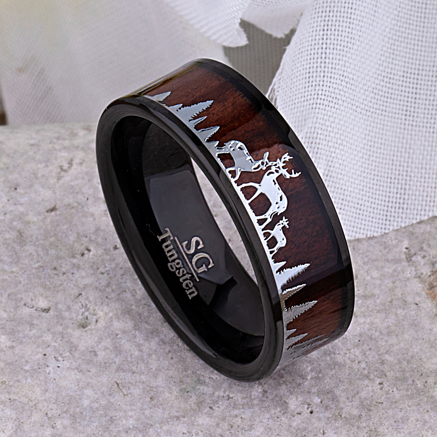 Black Tungsten Carbide Men's Wedding Ring 8mm Wide with Natural Rosewood and Stainless Steel Deer Family in a Forest