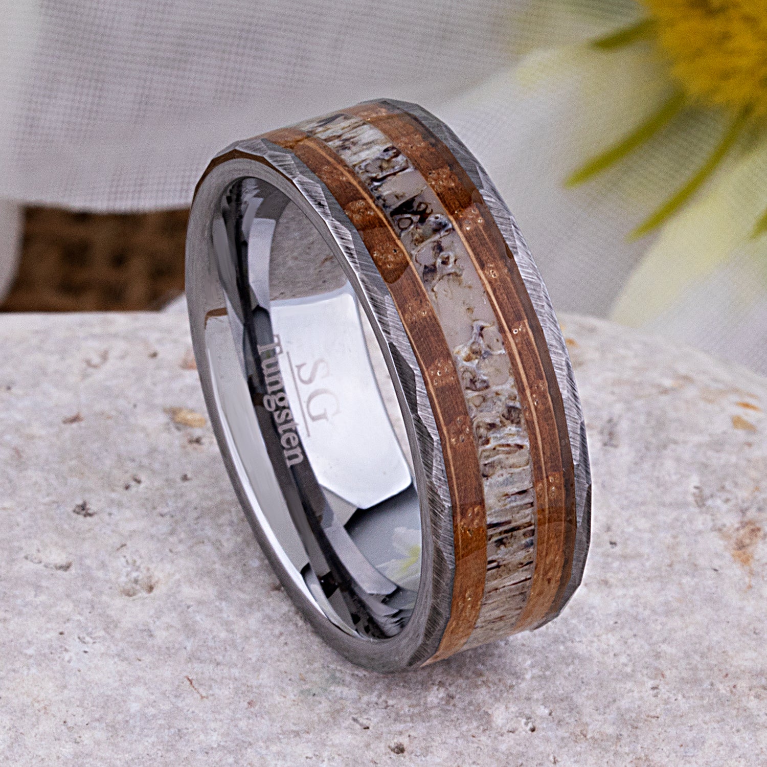  Tungsten Ring with Whiskey Barrel Wood and Deer Antler Inlay - 8mm Width