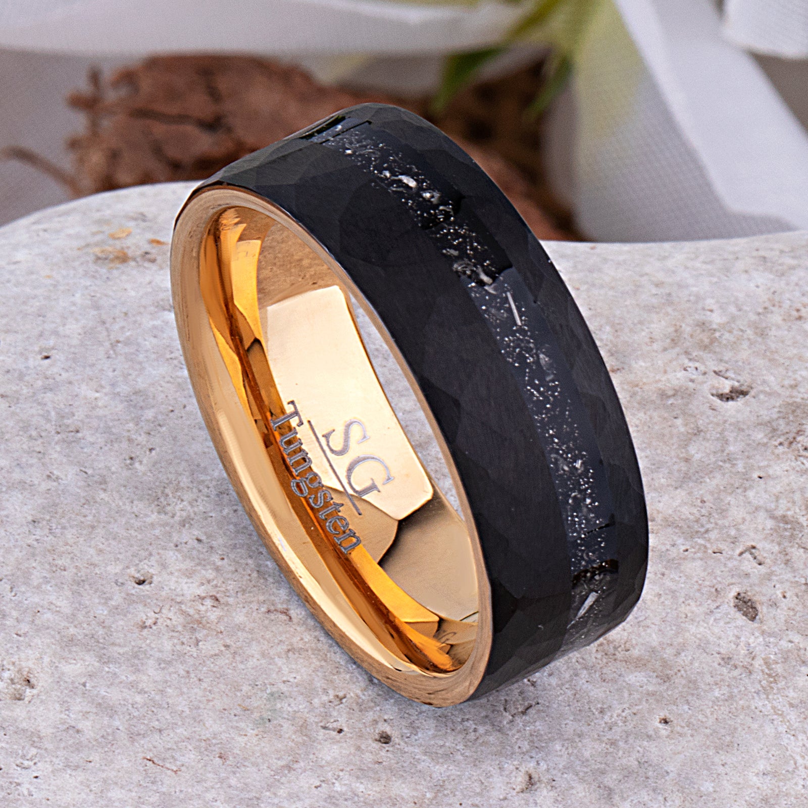 Black and Yellow Tungsten Carbide Wedding Ring or Engagement Band 8mm Wide with Meteorite Inlay