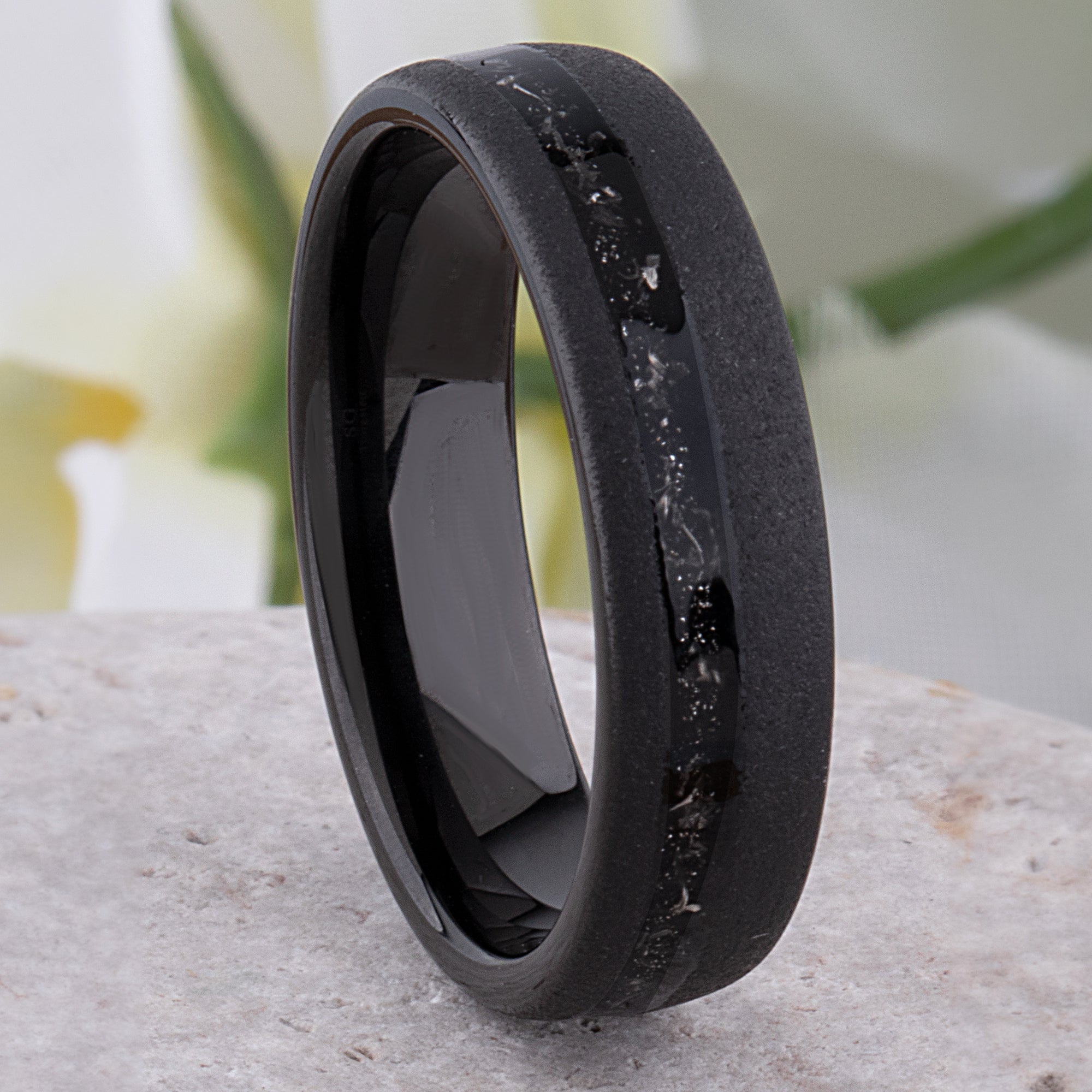 Men's Black Tungsten Wedding Band With Meteorite & Wood Inlay - 8mm Comfort Fit, Sizes 6-13, Brushed Finish
