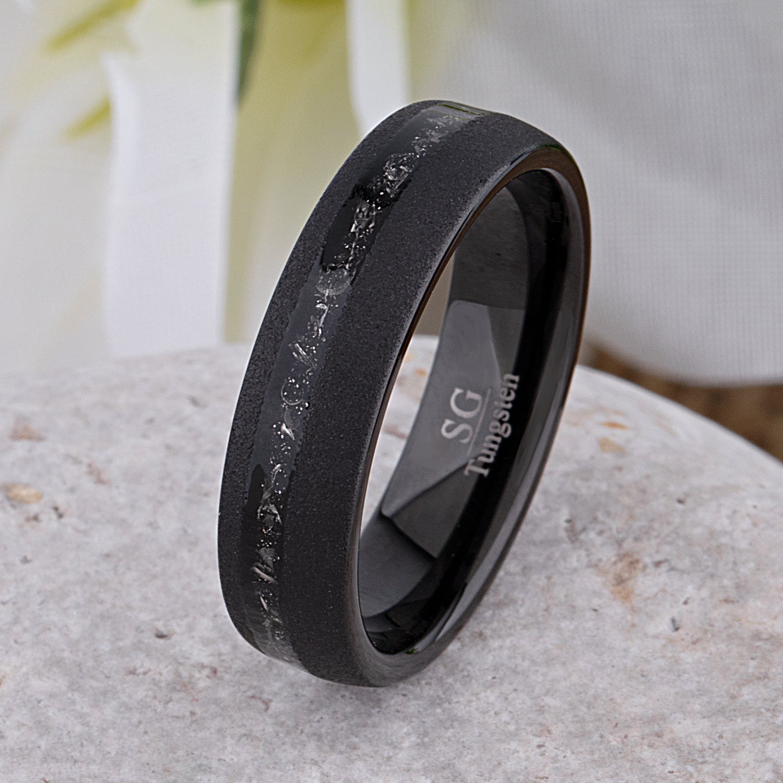 Meteorite Inlay Black Tungsten Carbide Wedding Ring or Engagement Band 6mm Wide