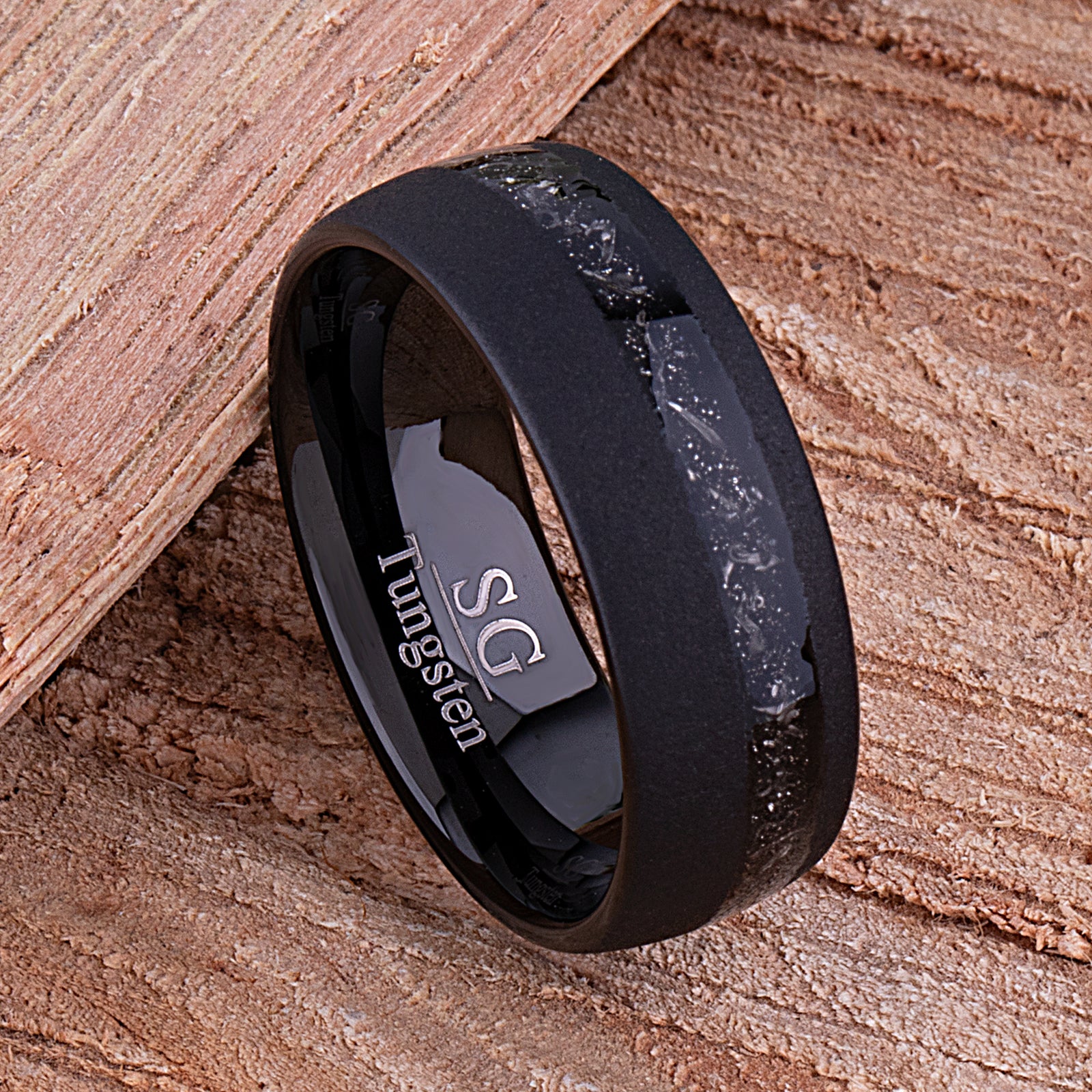 Meteorite Inlay Black Tungsten Carbide Wedding Ring or Engagement Band 8mm Wide