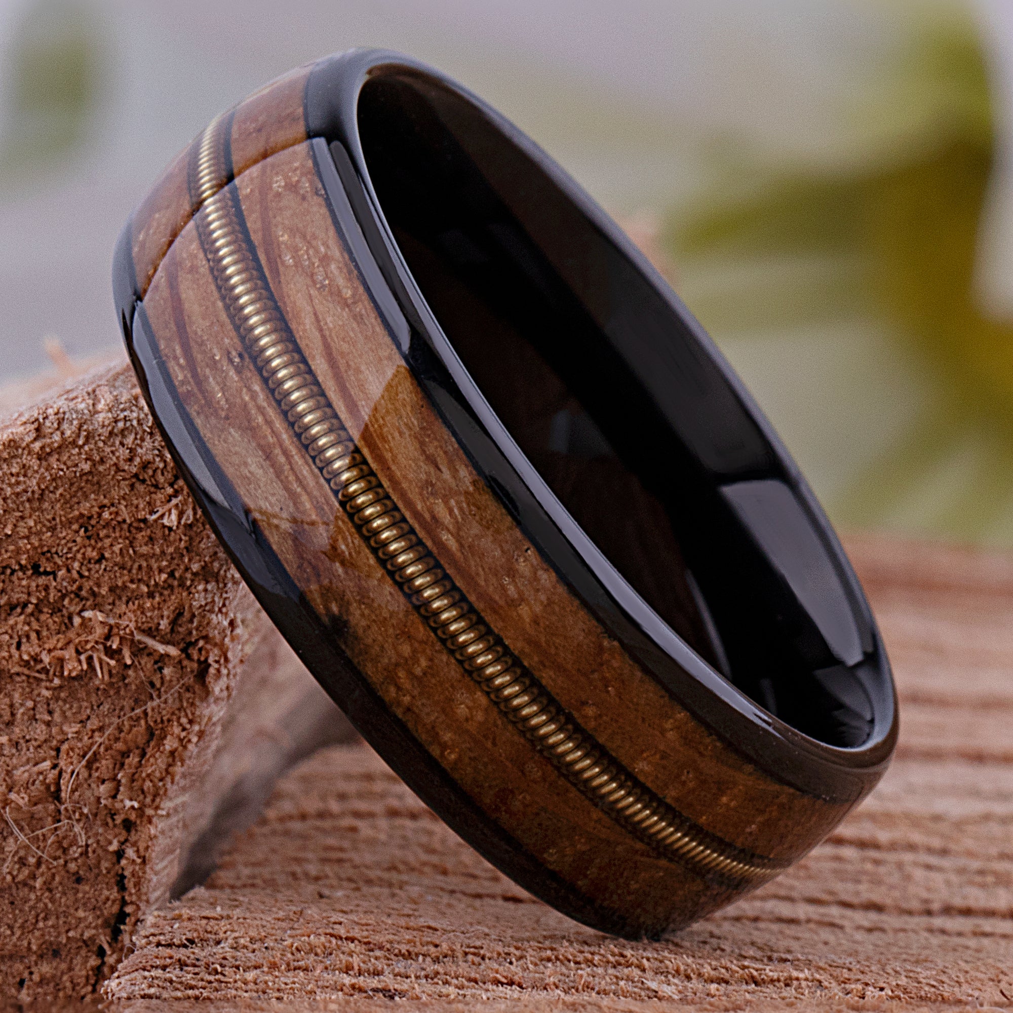 Tungsten Whiskey Barrel Man Wedding Ring with Guitar String, Comfort Fit, Wedding Ring Set His and Hers, Couples Ring top