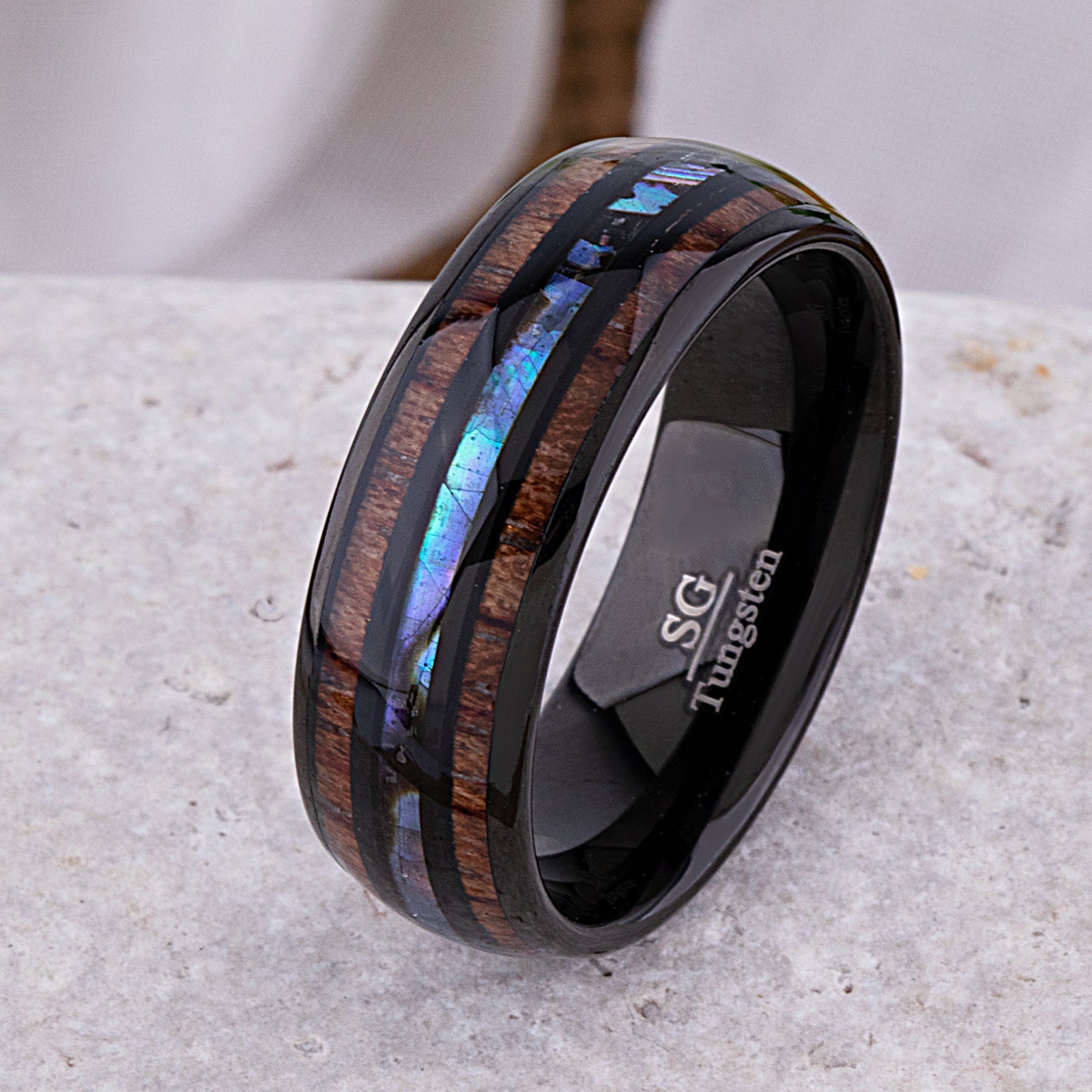 Black Tungsten Wedding Ring or Engagement Band 8mm Wide with Natural Koa Wood and Abalone Shell Inlay