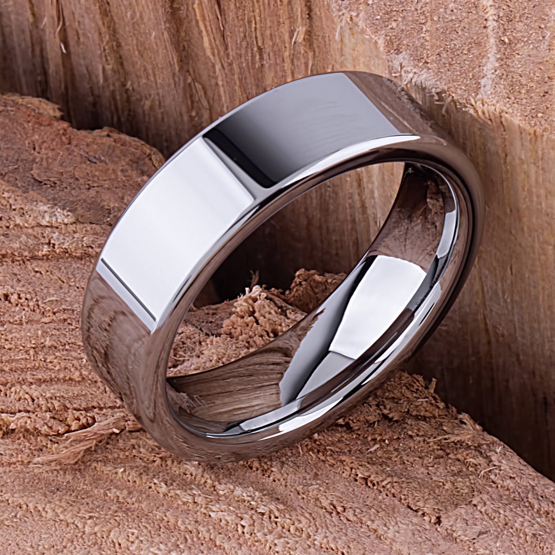 7 MM Stainless Steel Hammered Finish Flat Comfort Fit Wedding Band