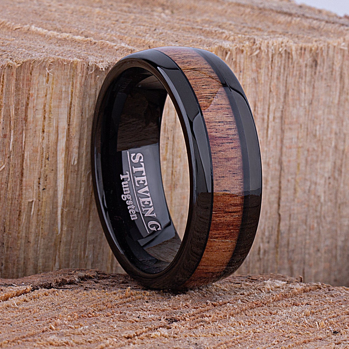 Black Tungsten Band with Koa Wood 8mm - TCR076 black and wood engagement or wedding ring or promise band for boyfriend