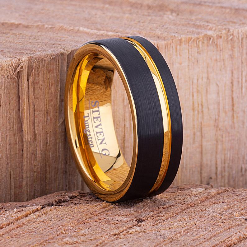 Tungsten Carbide Men's Wedding Band or Man's Engagement Ring 8mm Wide Flat Satin Finish Two-Toned Black and Yellow Gold IP Plating