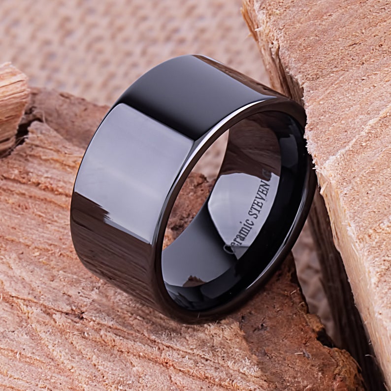 Men's Black Ceramic Wedding Ring - 12mm Width CER067-7.5 men’s wedding ring or engagement band, promise ring or anniversary ring gift for him - Steven G Designs