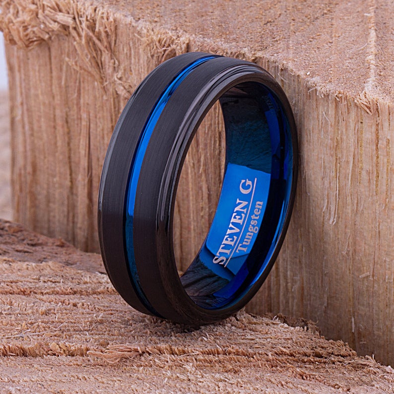 Black with Blue Tungsten Band 8mm - TCR088 unique black and blue men’s engagement or wedding ring or anniversary band