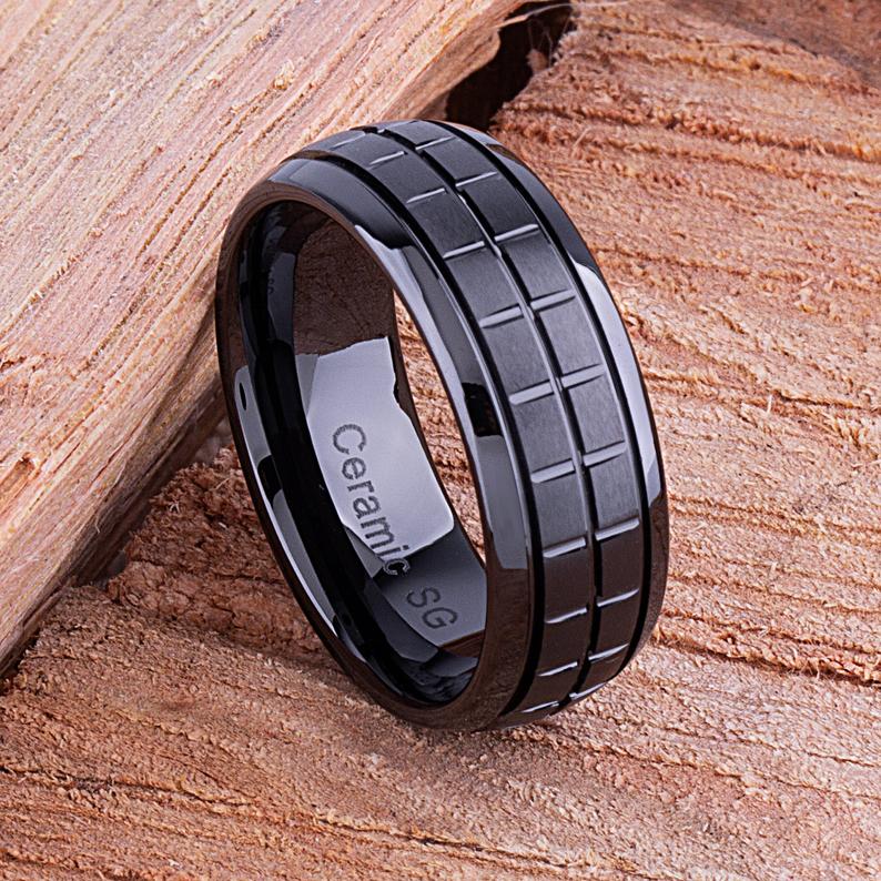 Men's Black Ceramic Wedding Ring - 8mm Width CER012-8 men’s wedding ring or engagement band, promise ring or anniversary ring gift for him - Steven G Designs