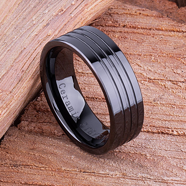 Black Ceramic Mens Wedding Ring - 8mm Width CER071-7 men’s wedding ring or engagement band, promise ring or anniversary ring gift for him - Steven G Designs