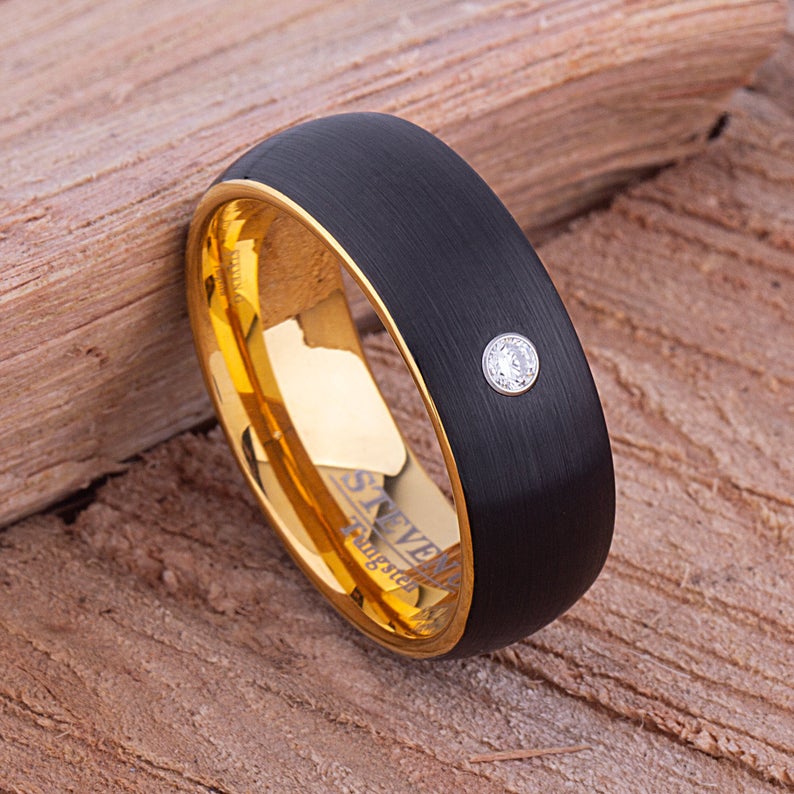 Black and Yellow Tungsten Ring with 3mm CZ - 8mm - TCR090 black yellow gold men’s wedding or engagement band or promise ring