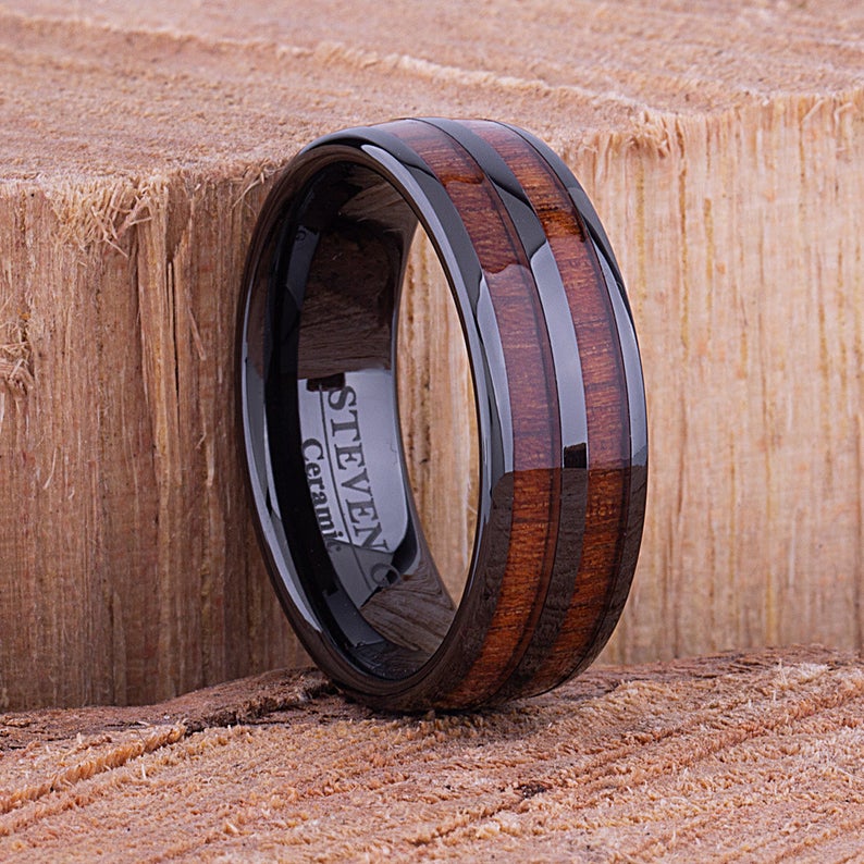 Ceramic Wedding Band with Hawaiian Koa Wood - 8mm Width CER088-8 men’s wedding ring or engagement band, promise ring or anniversary ring gift for him - Steven G Designs