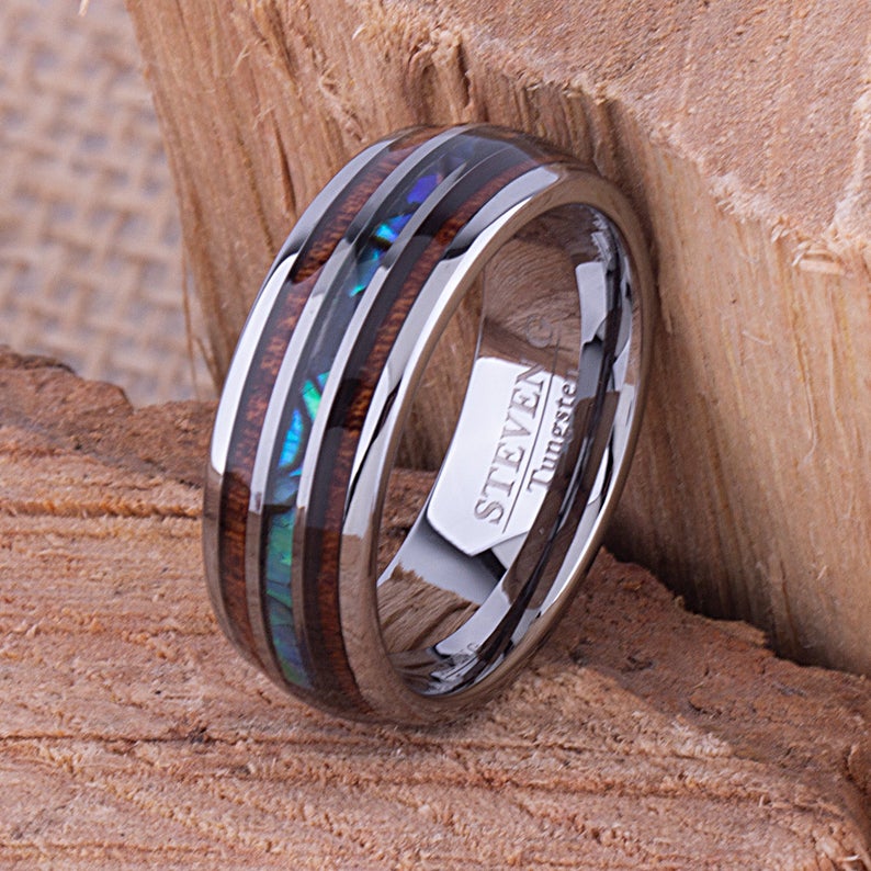 Tungsten Ring with Koa Wood and Abalone Shell 8mm - TCR096 wood and shell engagement band or wedding ring or promise band