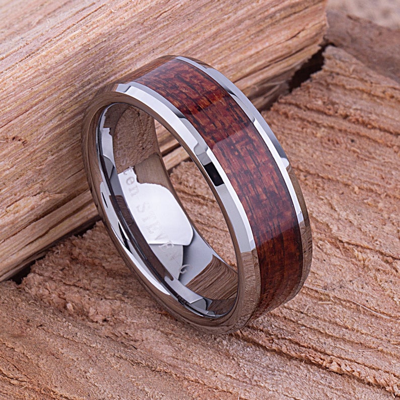Tungsten Wedding Band with Koa Wood 8mm - TCR051 men’s wood engagement band or promise ring for him Steven G Designs Ltd