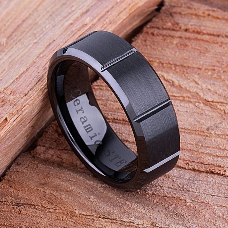 Black Ceramic Mens Wedding Ring - 8mm Width CER054-8 men’s wedding ring or engagement band, promise ring or anniversary ring gift for him - Steven G Designs