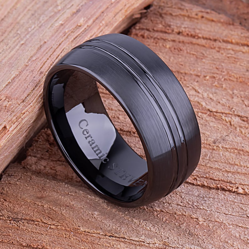Black Ceramic Men's Wedding Ring - 10mm Width CER068-8 men’s wedding ring or engagement band, promise ring or anniversary ring gift for him - Steven G Designs