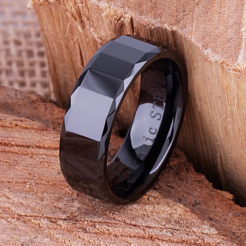 Black Ceramic Men's Wedding Ring 8mm Width CER053-8 men’s wedding ring or engagement band, promise ring or anniversary ring gift for him - Steven G Designs
