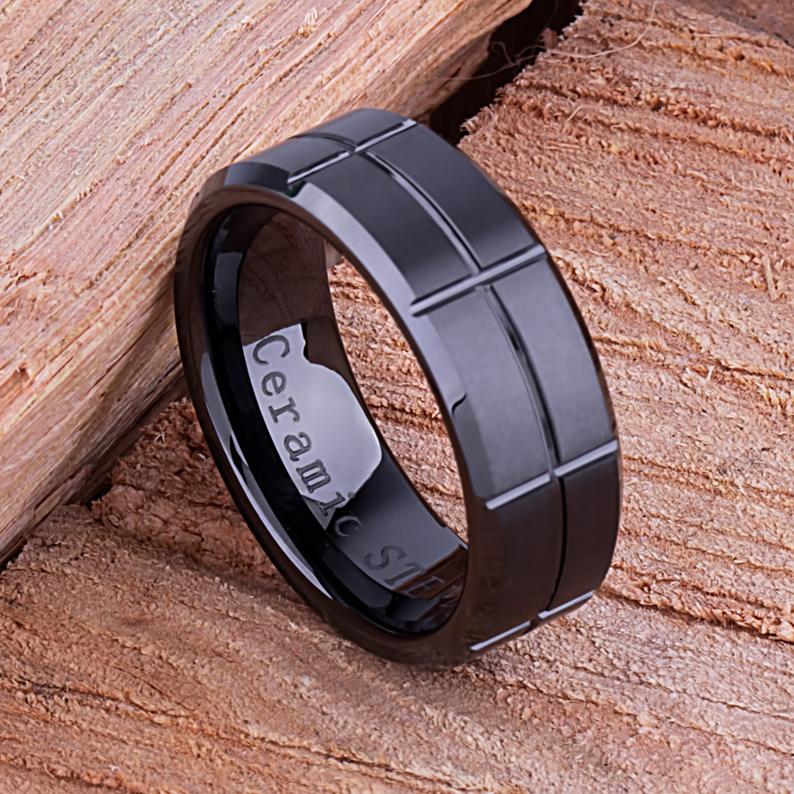 Black Ceramic Men's Engagement Band - 8mm Width CER002-8 men’s wedding ring or engagement band, promise ring or anniversary ring gift for him - Steven G Designs