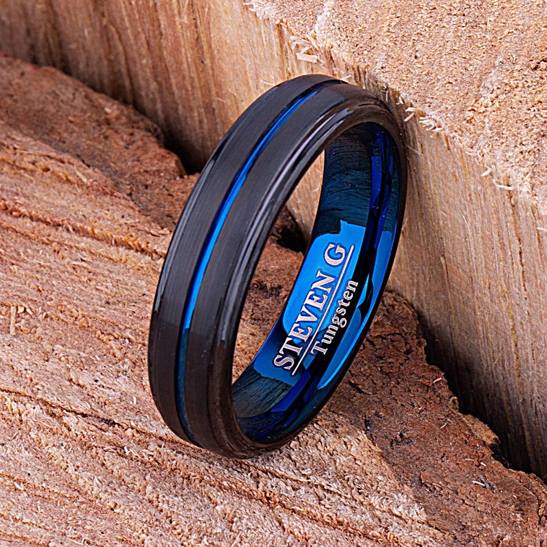 Black and Blue Tungsten Ring 6mm - TCR114 black and blue men’s wedding or engagement band or promise ring for him